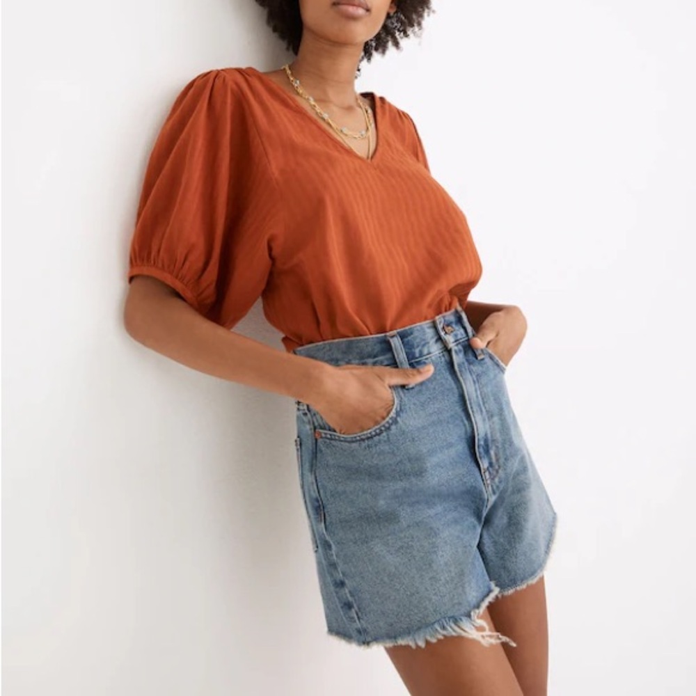 Madewell Rust V-Neck Puff-Sleeve Blouse